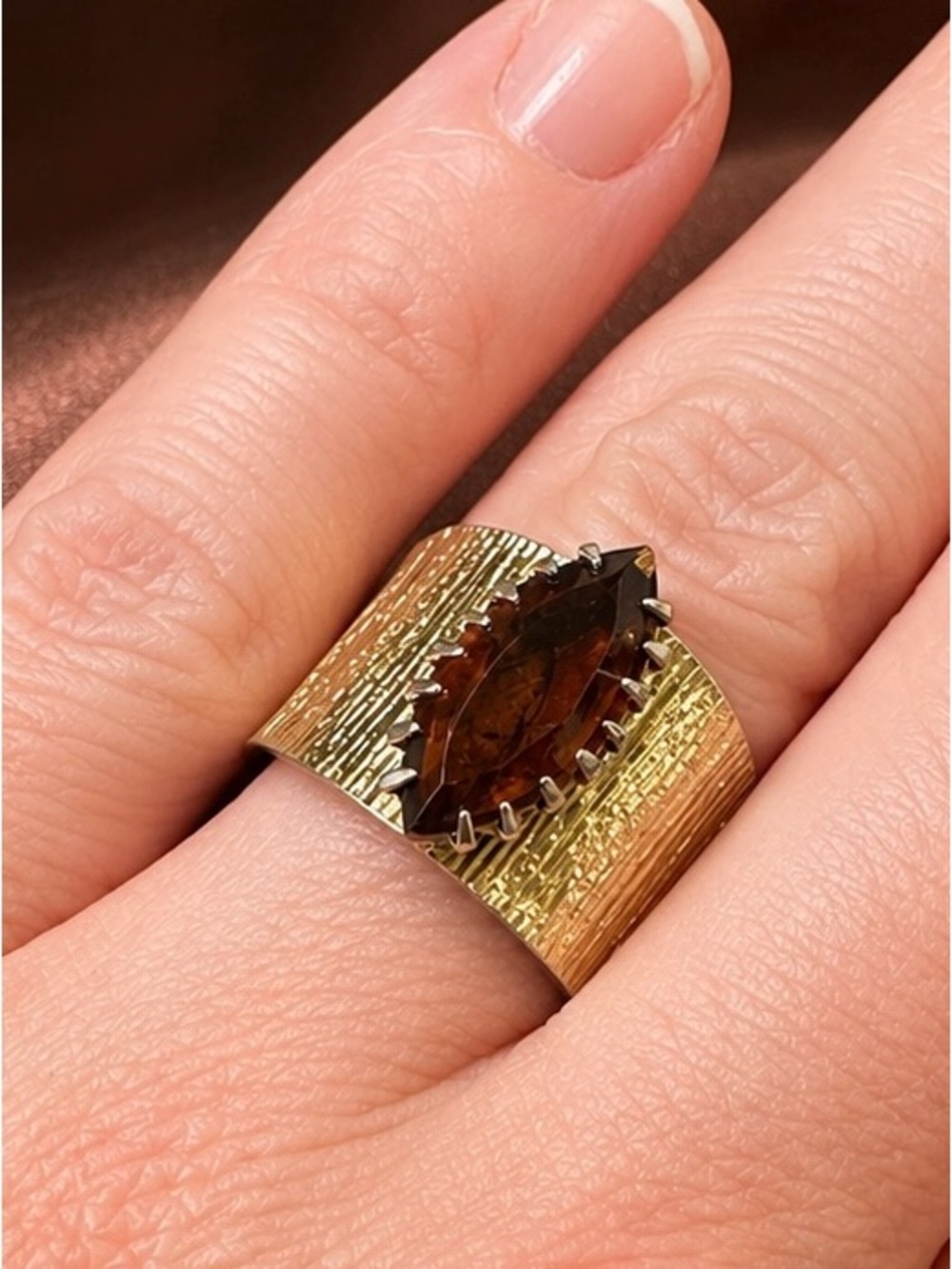 Gold-Tone Wide Band Ring with Marquise Brown Stone